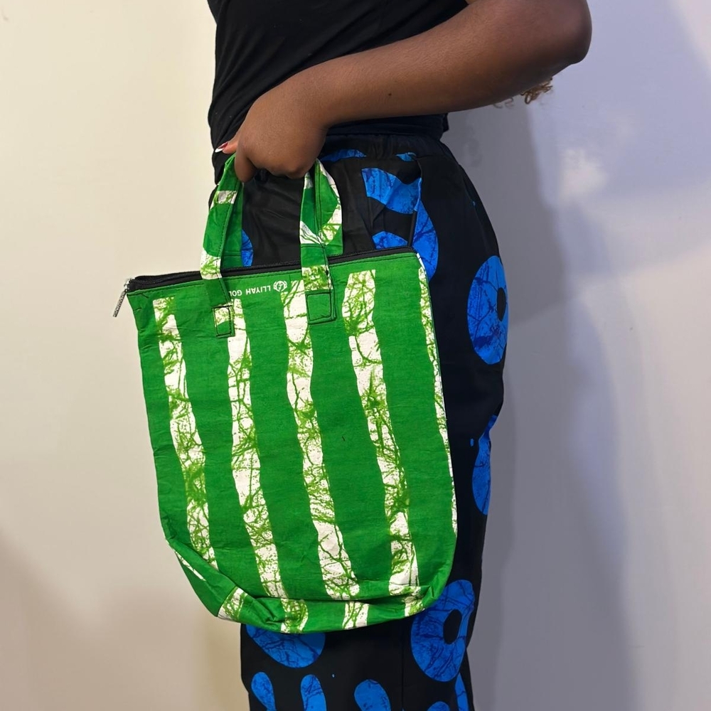Green and White Ankara Tote Bag